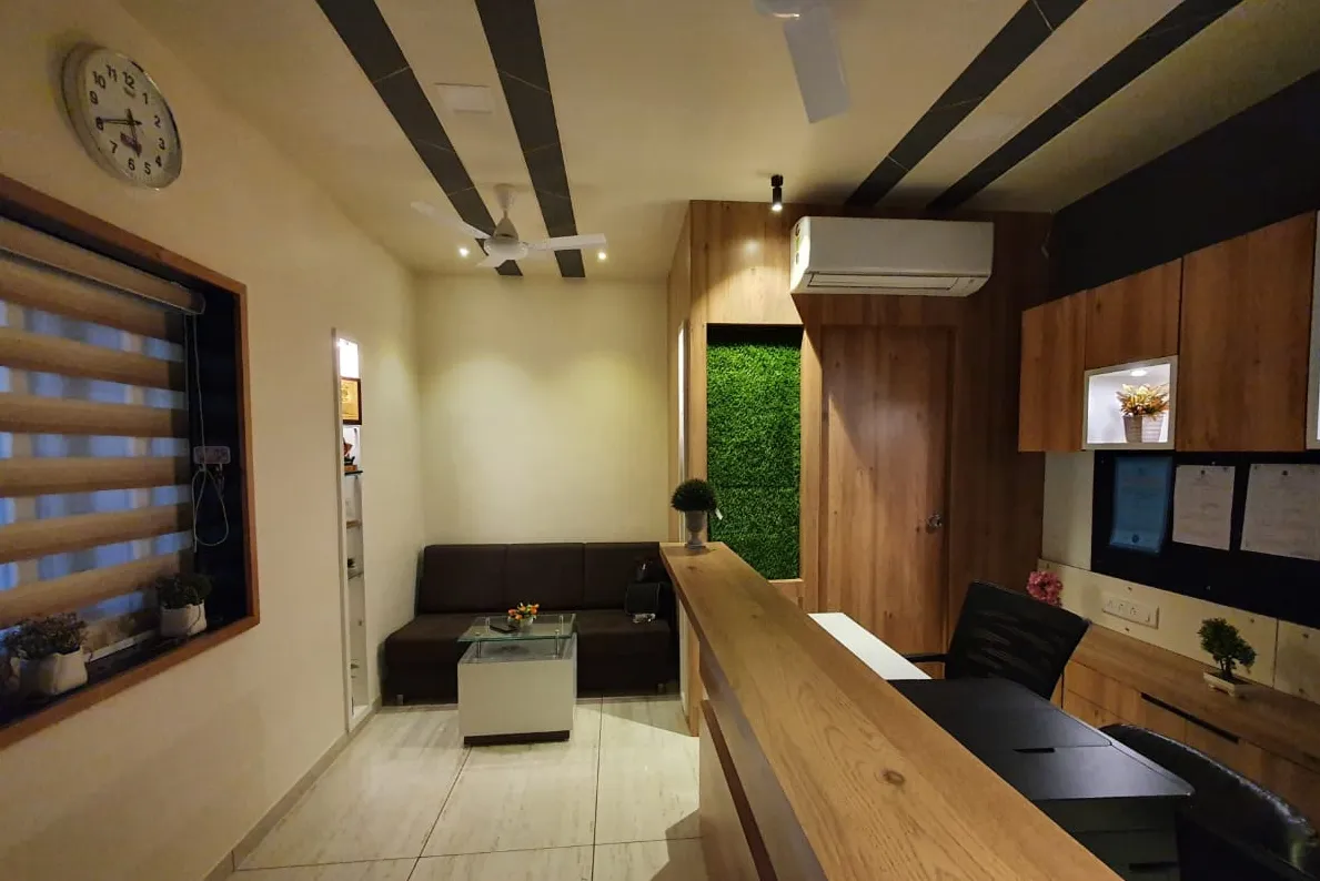 Reception counter and waiting area with sofa